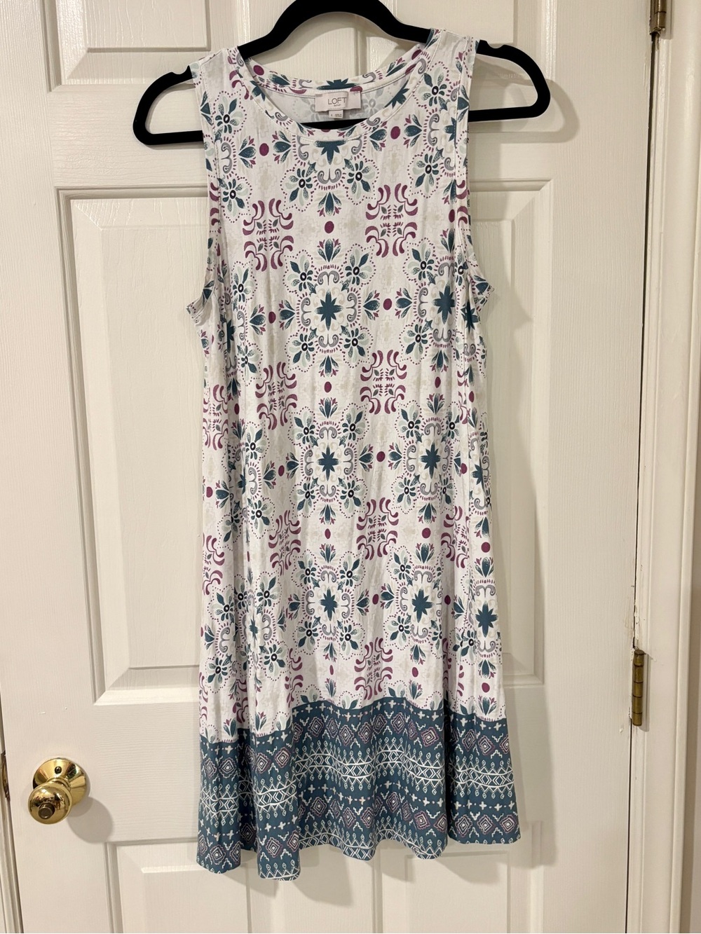 LOFT White Midi Swing Dress with Teal and Plum Medallion Print